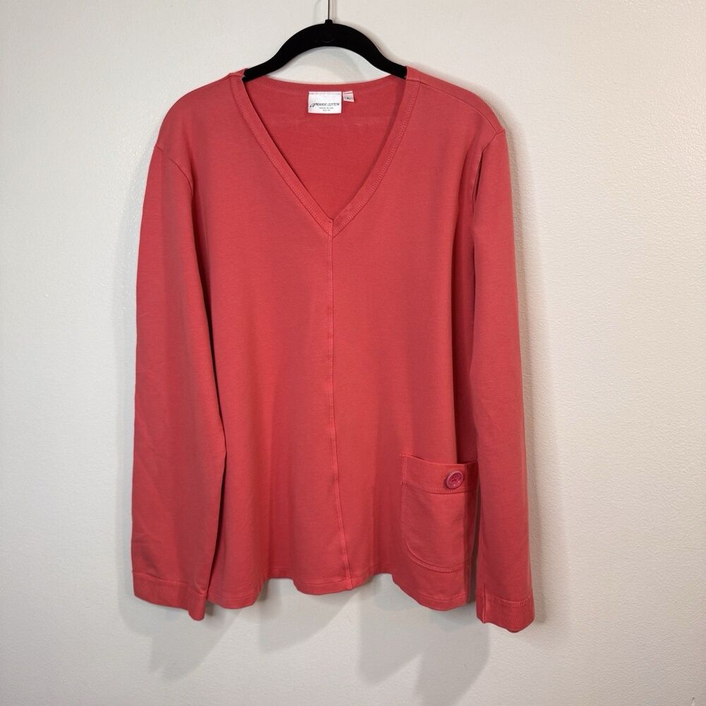 Prairie Cotton Pullover Sweatshirt L Pink V-neck Pocket French Terry Lagen Artsy